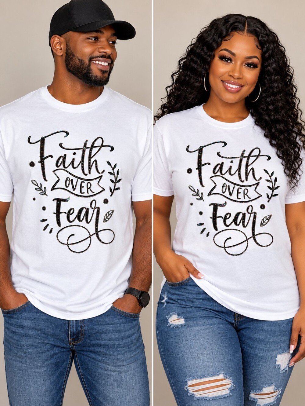 Handcrafted Unisex Faith Over Fear Rhinestone Graphic Tee - White - NWT